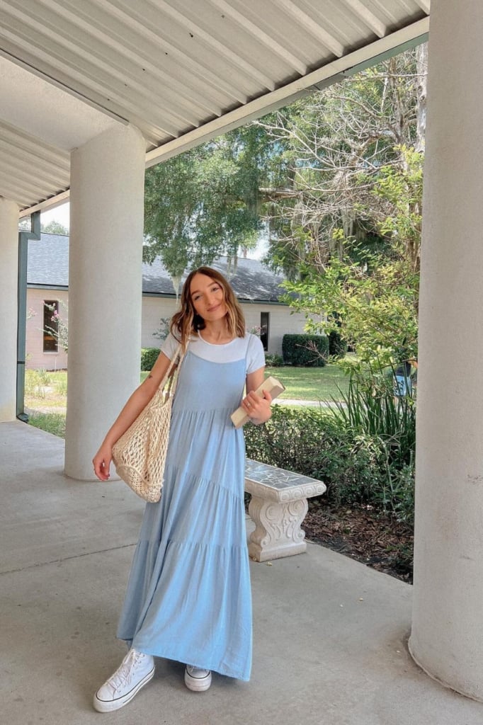 Tiered Slip Dress Layered Over a White T-Shirt Tiered Slip Dress Layered Over a White T-Shirt — Trendy Cute Church Outfit