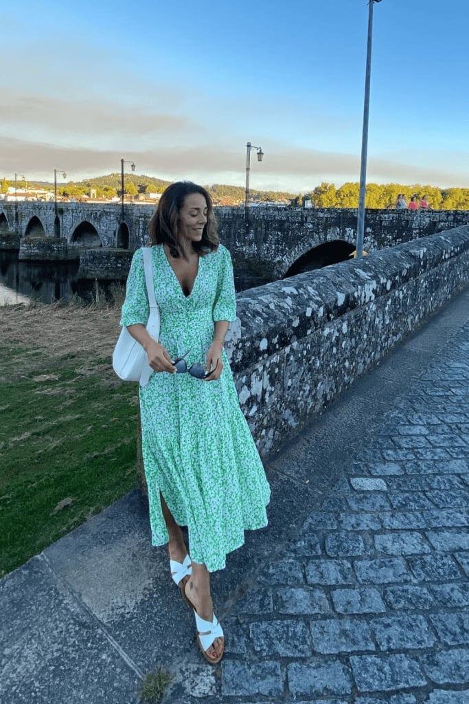 Green and White Floral Print Midi Dress with Flat Sandals Green and White Floral Print Midi Dress with Flat Sandals — Trendy Cute Church Outfit