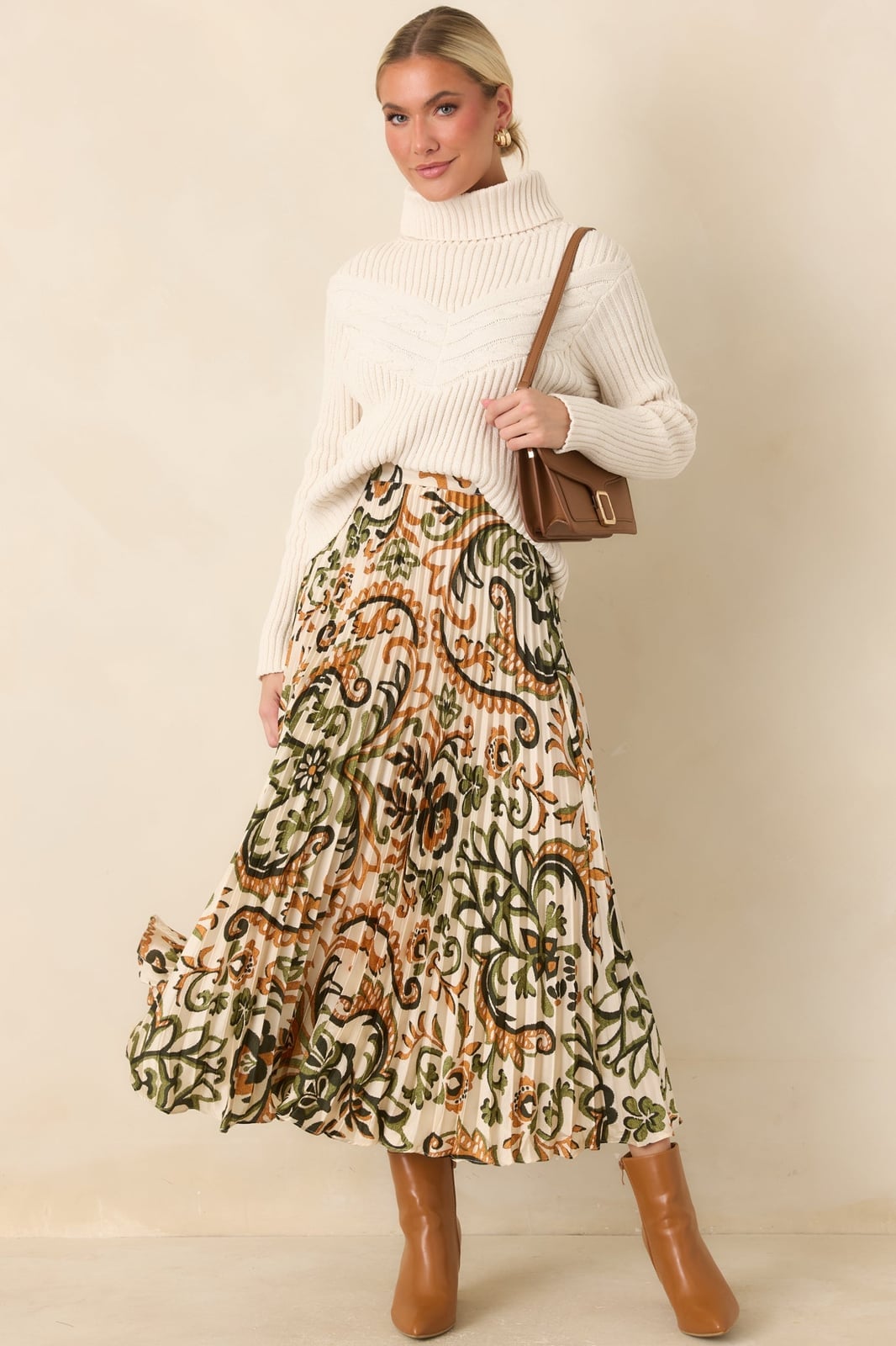 Cable Knit Turtleneck with a Paisley Pleated Midi Skirt Cable Knit Turtleneck with a Paisley Pleated Midi Skirt — Trendy Cute Church Outfit
