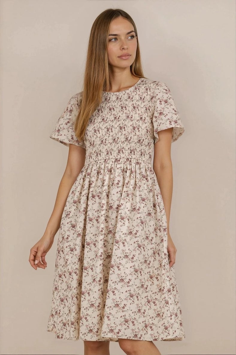 Smocked Bodice Floral Midi Dress Smocked Bodice Floral Midi Dress — Trendy Cute Church Outfit