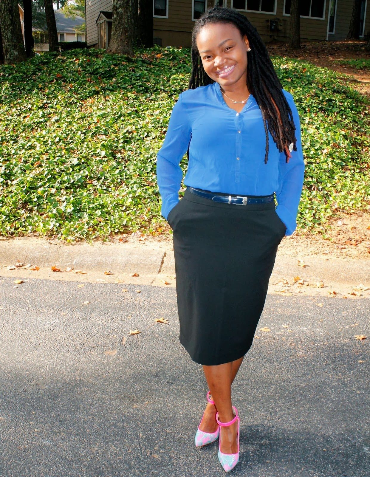 Bright Blue Blouse with Black Pencil Skirt Bright Blue Blouse with Black Pencil Skirt — Trendy Cute Church Outfit