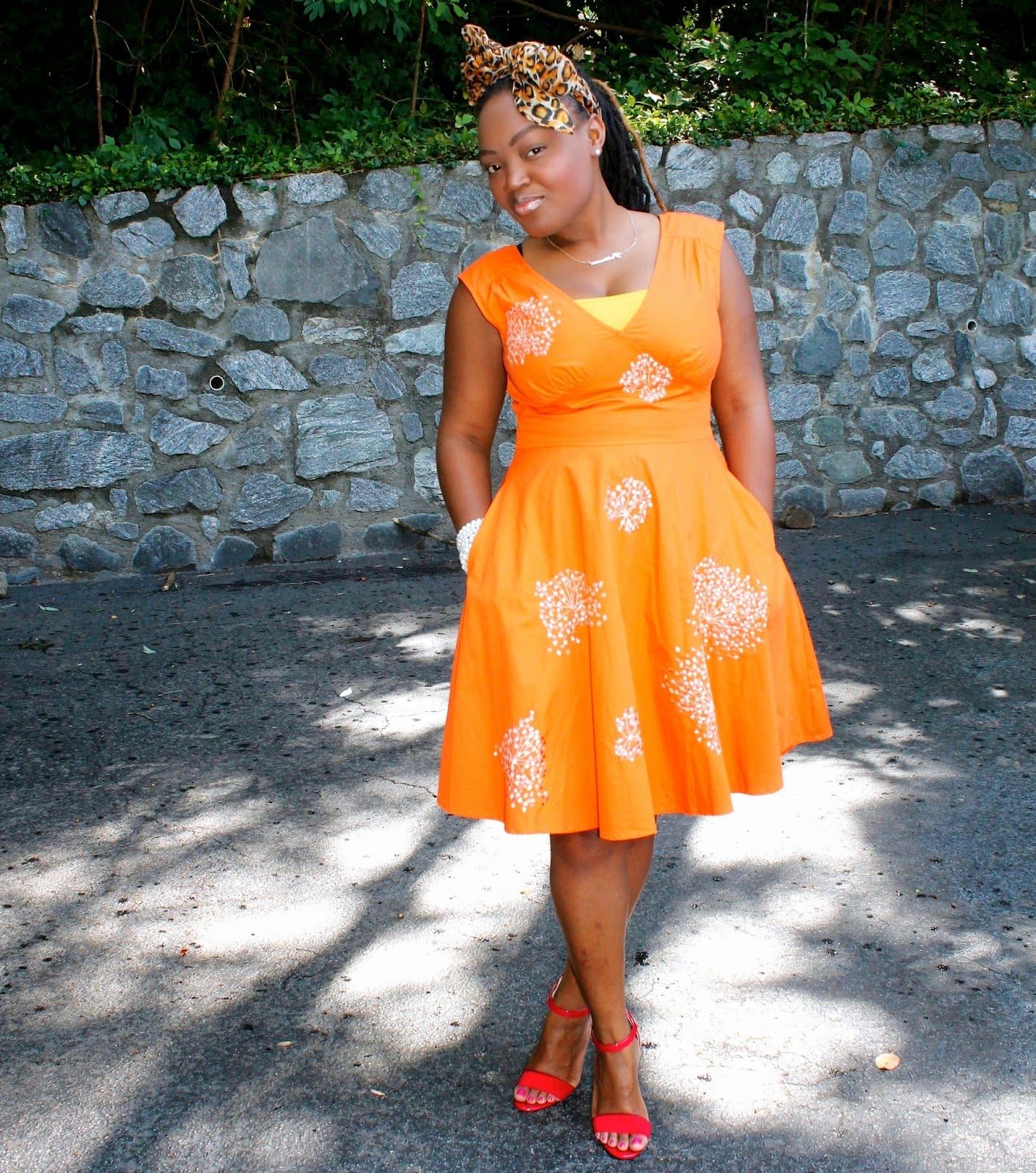 Bright Orange Sleeveless Dress with White Floral Print Bright Orange Sleeveless Dress with White Floral Print — Trendy Cute Church Outfit