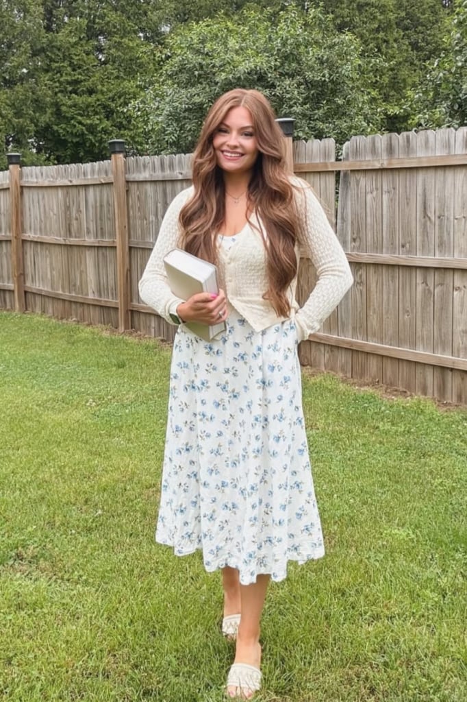 Cream Cardigan Over Blue Floral Print Midi Dress Cream Cardigan Over Blue Floral Print Midi Dress — Trendy Cute Church Outfit