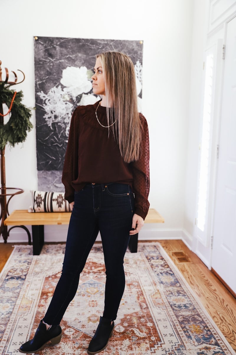 Burgundy Sheer Polka Dot Blouse with Dark Wash Skinny Jeans Burgundy Sheer Polka Dot Blouse with Dark Wash Skinny Jeans — Trendy Cute Church Outfit