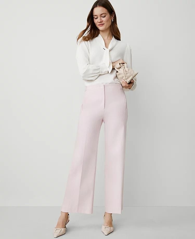 Pussy-bow Blouse with Pale Pink Crepe Wide-Leg Trousers Pussy-bow Blouse with Pale Pink Crepe Wide-Leg Trousers — Trendy Cute Church Outfit