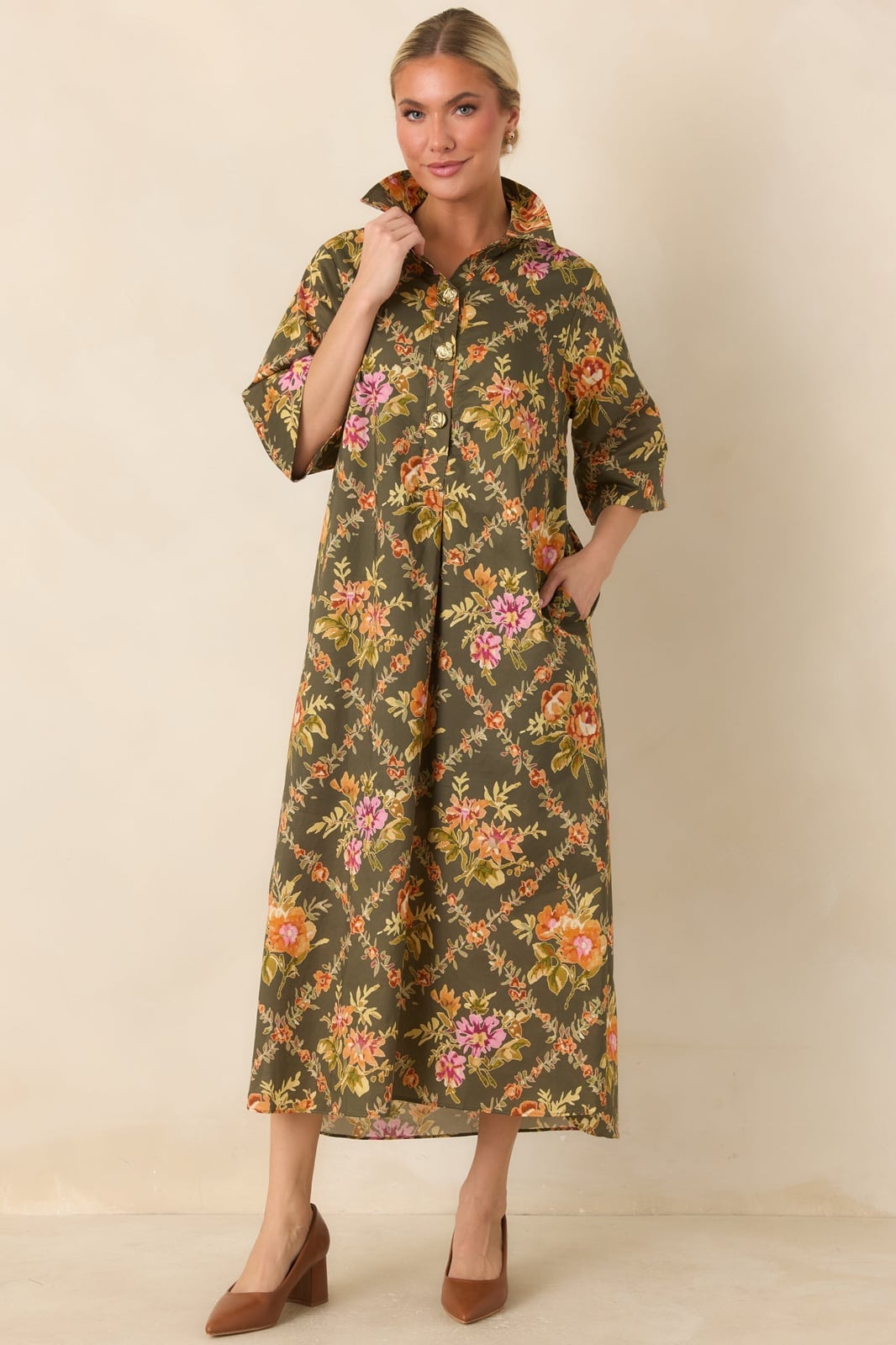 Floral Print Midi Dress with Gold Button Details Floral Print Midi Dress with Gold Button Details — Trendy Cute Church Outfit