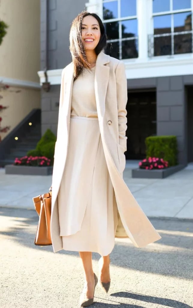 Cream Coat Over Sweater and Wrap Skirt — Trendy Cute Work Outfit