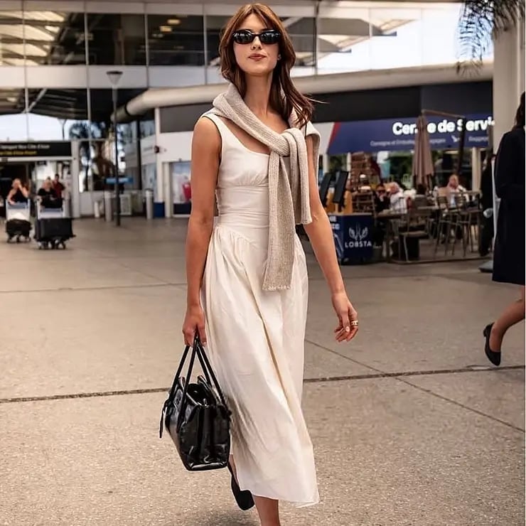 White Midi Dress with Draped Scarf — Trendy Cute Work Outfit