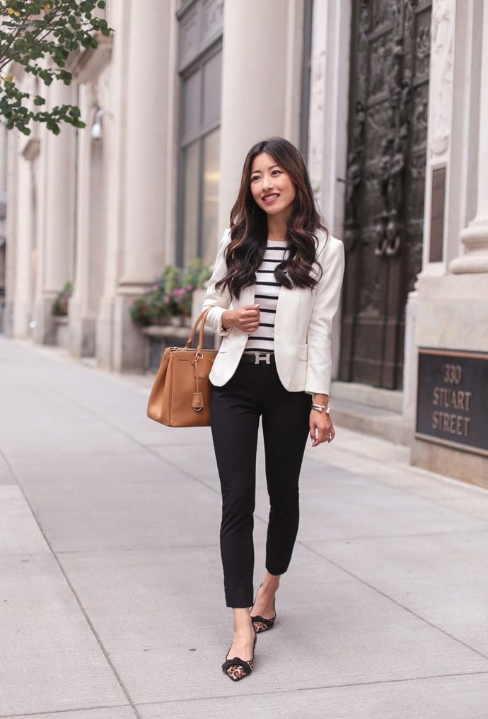 White Blazer with Striped Top and Black Trousers — Trendy Cute Work Outfit