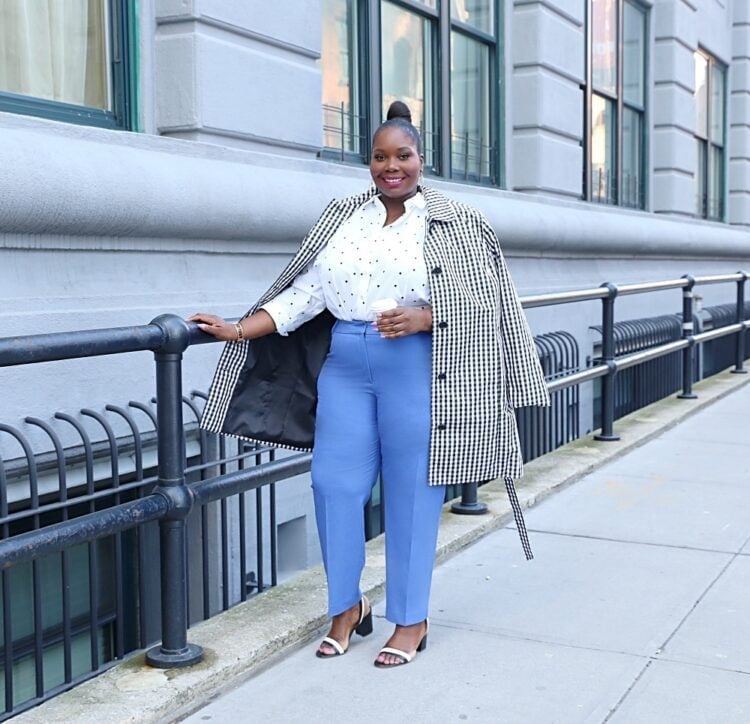Gingham Coat Over Polka Dot Shirt and Trousers — Trendy Cute Work Outfit