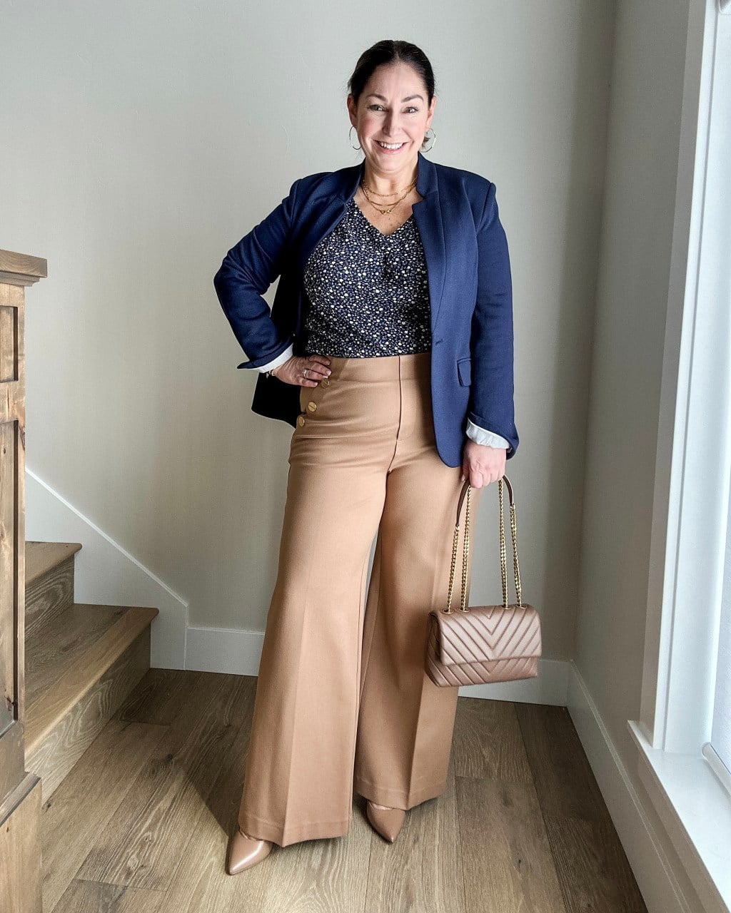 Navy Blazer with Printed Blouse and Camel Trousers — Trendy Cute Work Outfit