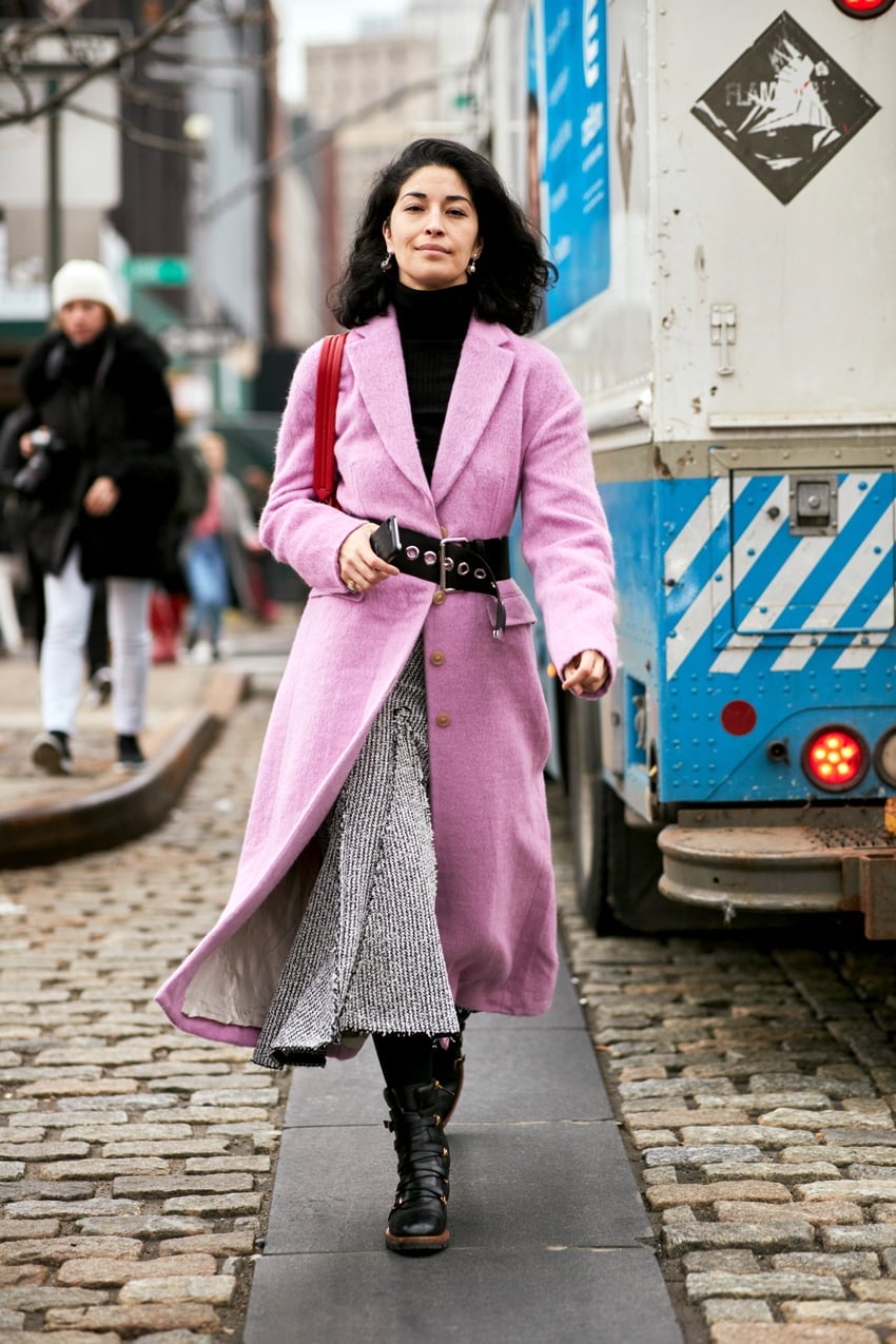 Pink Textured Coat Over Patterned Skirt — Trendy Cute Work Outfit