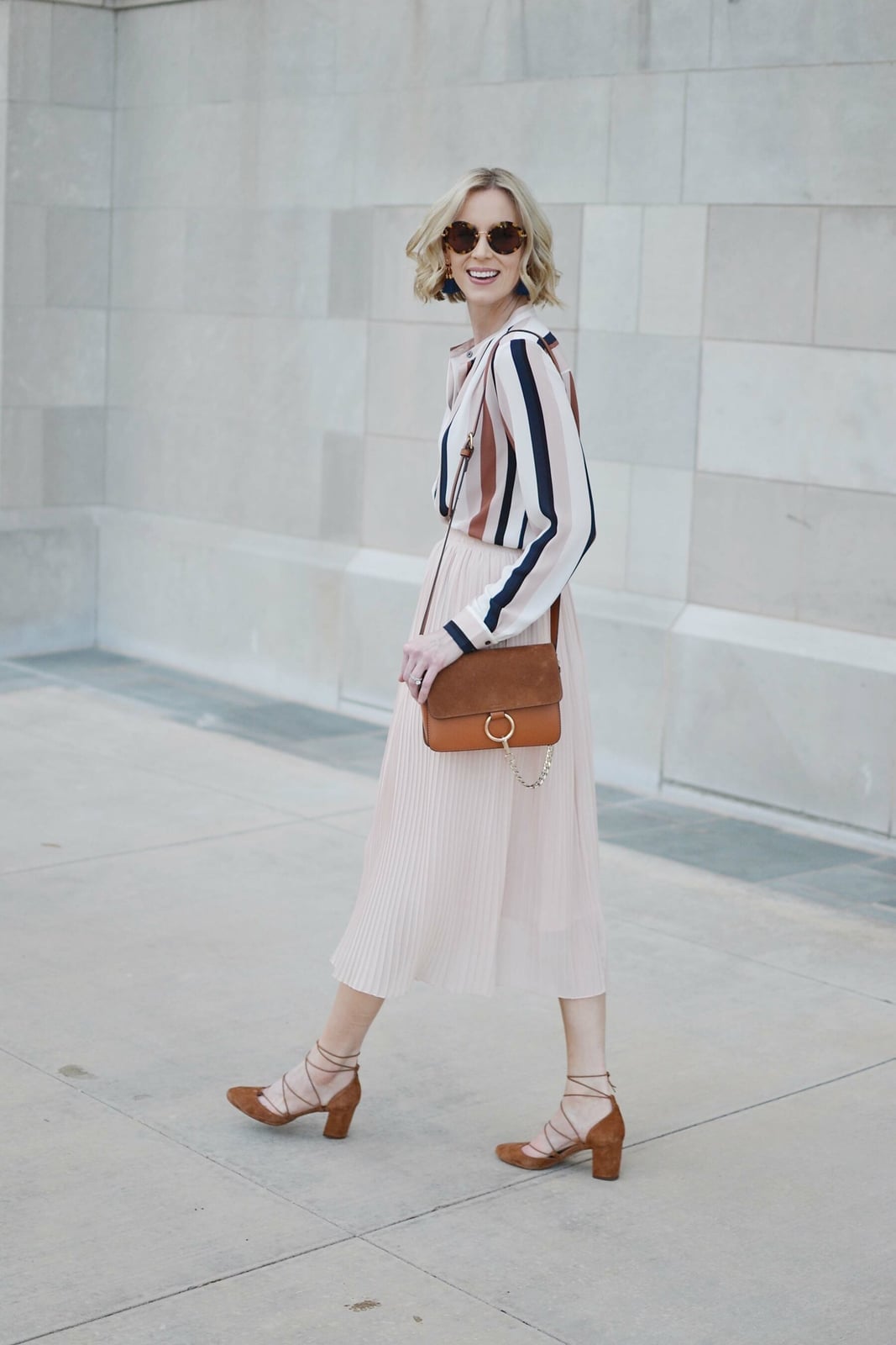 Striped Blouse with Beige Pleated Midi Skirt — Trendy Cute Work Outfit
