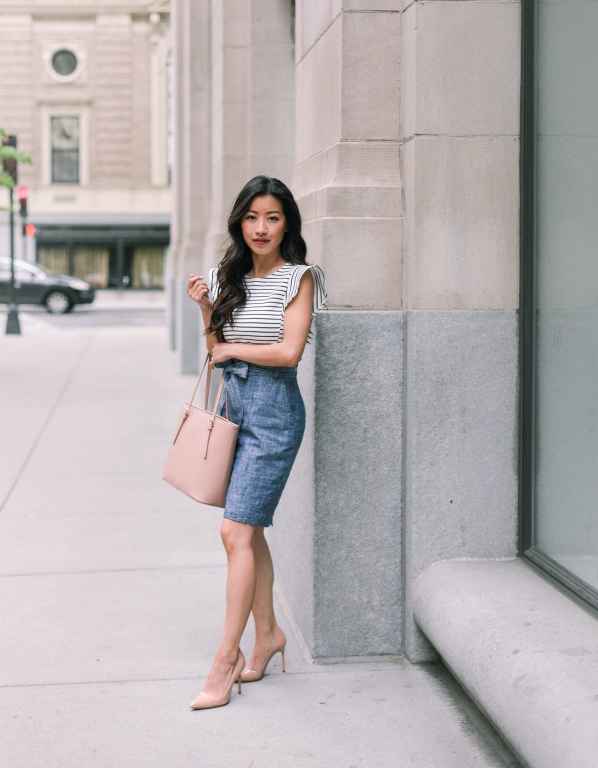 Striped Top with Pencil Skirt and Ruffles — Trendy Cute Work Outfit