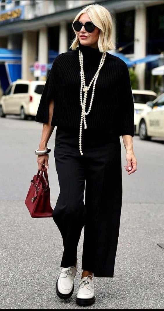 Black Knit Sweater with Wide-Leg Trousers — Trendy Cute Work Outfit