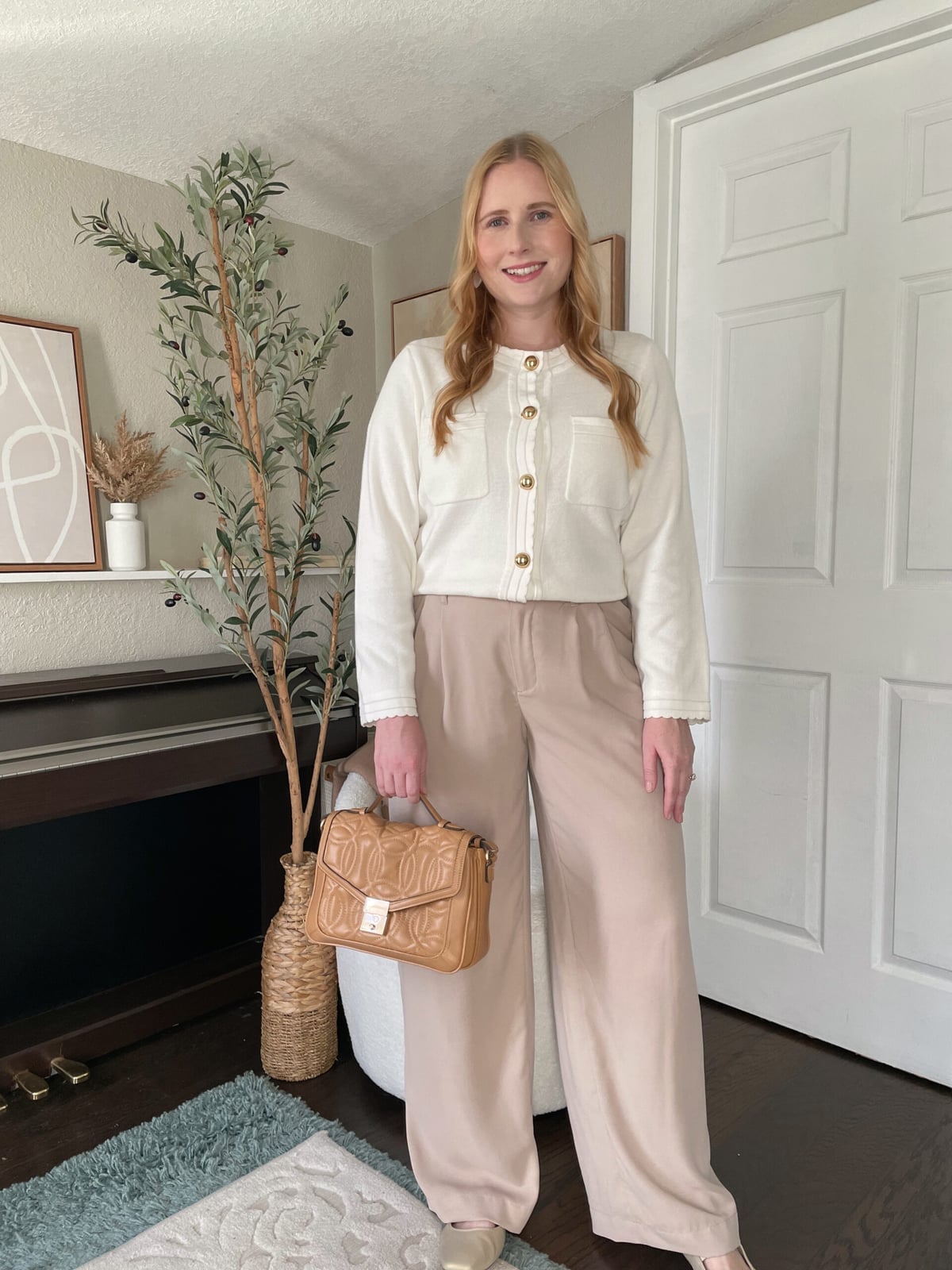Cream Cardigan with Beige Wide-Leg Trousers — Trendy Cute Work Outfit