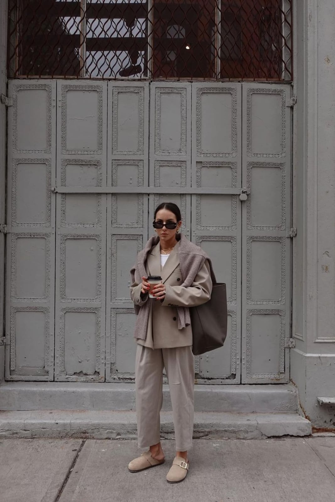 Beige Blazer with Draped Grey Sweater — Trendy Cute Work Outfit