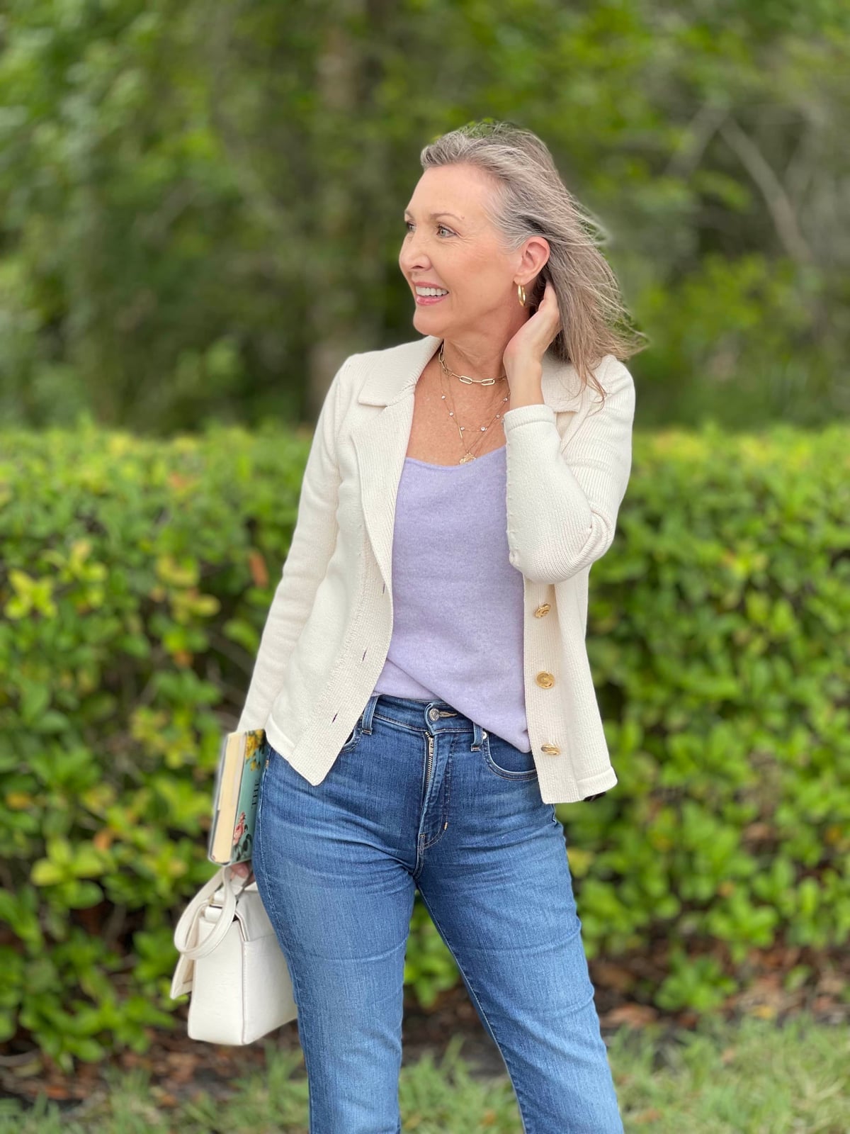 Cream Blazer with Lilac Top and Denim Jeans — Trendy Cute Work Outfit