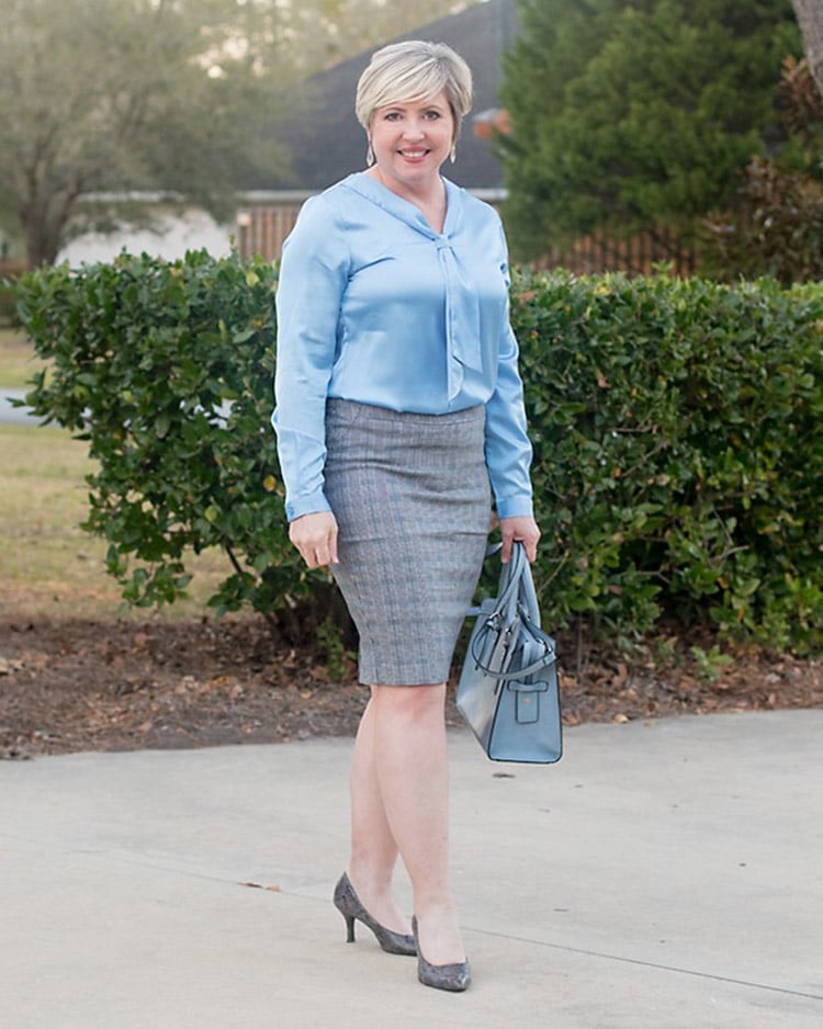 Bow-Neck Blouse with Tweed Pencil Skirt — Trendy Cute Work Outfit
