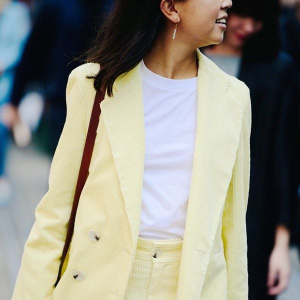 Pale Yellow Corduroy Suit with White T-Shirt — Trendy Cute Work Outfit