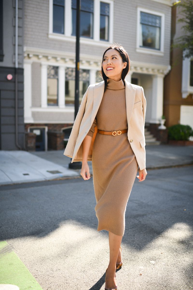 Camel Knit Dress with Beige Blazer — Trendy Cute Work Outfit