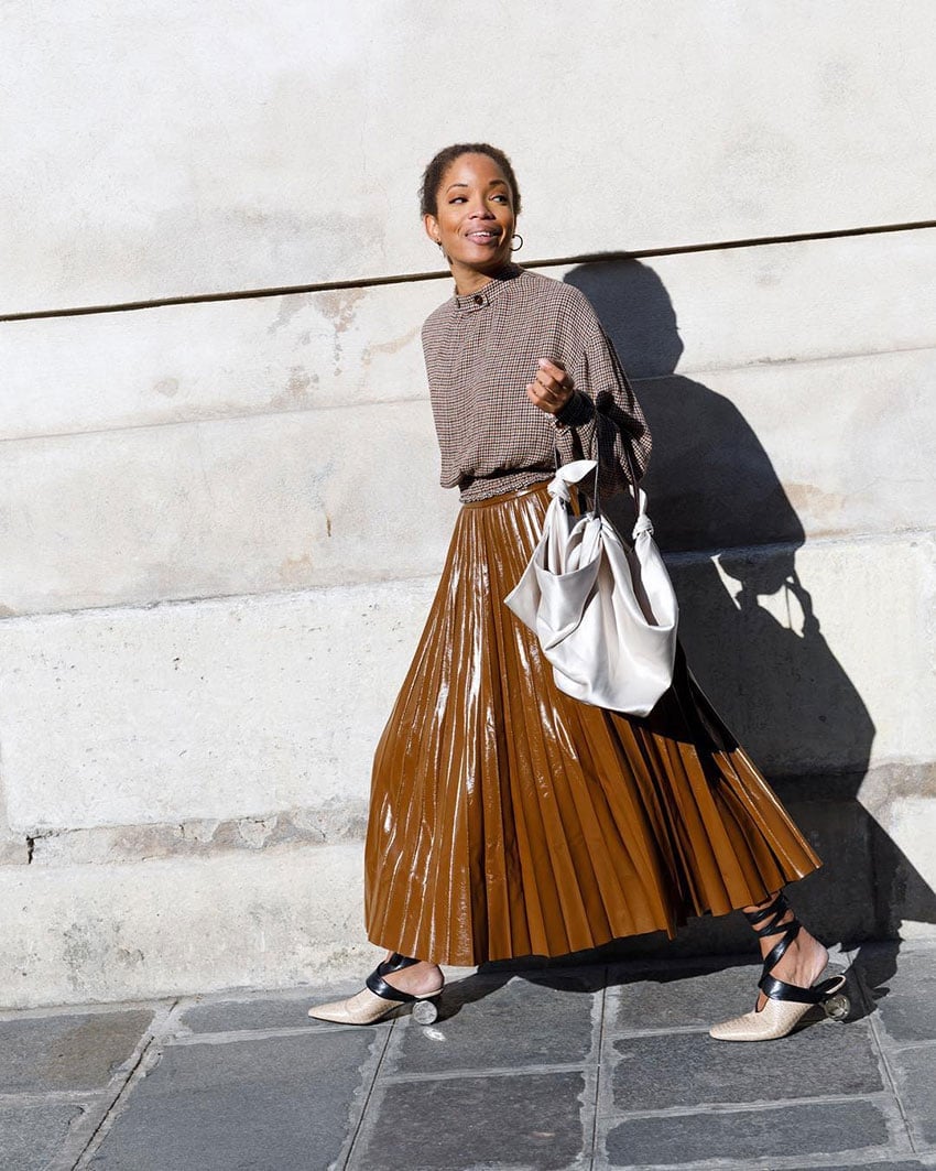 Printed Top with Patent Leather Midi Skirt — Trendy Cute Work Outfit