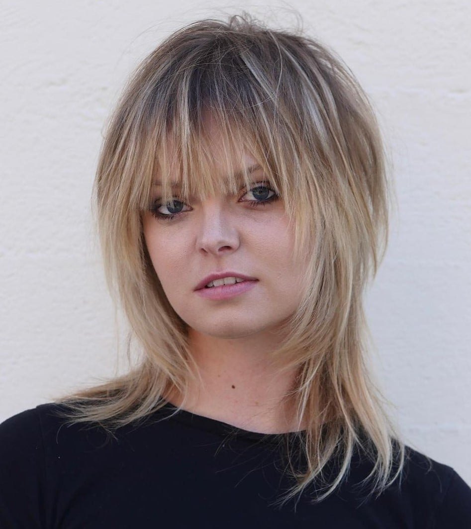 Collarbone Shag With Full Bangs Collarbone Shag With Full Bangs — Trendy Cutting Bangs