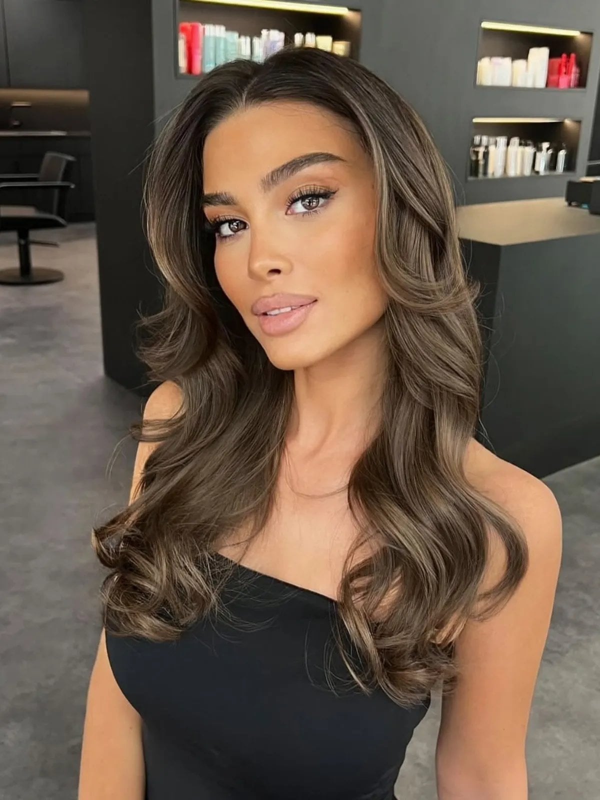 Collarbone Waves With Curtain Bangs Collarbone Waves With Curtain Bangs — Trendy Dark Hair Color