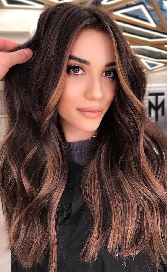Mid-Back Toffee Highlights Mid-Back Toffee Highlights — Trendy Dark Hair Color
