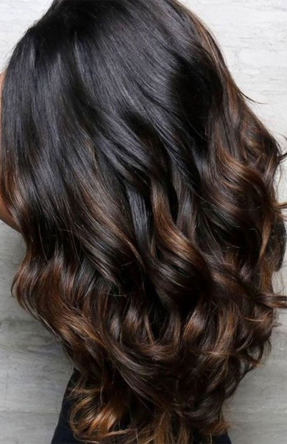 Collarbone Layers With Brown Balayage Collarbone Layers With Brown Balayage — Trendy Dark Hair Color