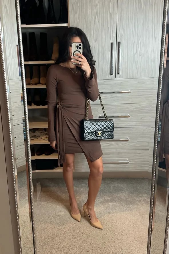 Brown Jersey Wrap Dress with Black Handbag Brown Jersey Wrap Dress with Black Handbag — Trendy Date Outfit