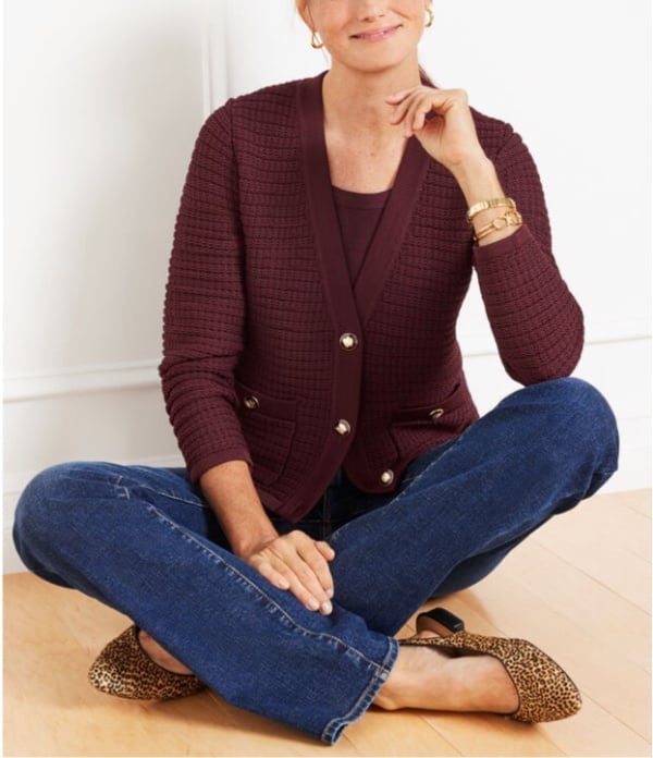 Burgundy Knit Cardigan with Blue Jeans Burgundy Knit Cardigan with Blue Jeans — Trendy Date Outfit