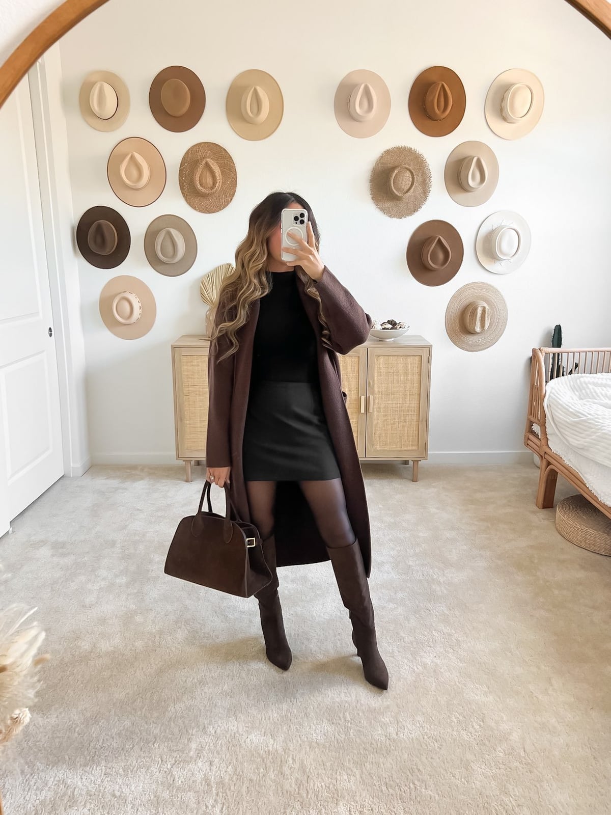 Brown Longline Coat with Faux Leather Mini Skirt Brown Longline Coat with Faux Leather Mini Skirt — Trendy Date Outfit