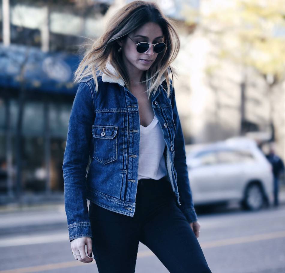 Denim Jacket With Shearling Collar and Sunglasses — Trendy Denim Jacket Outfits
