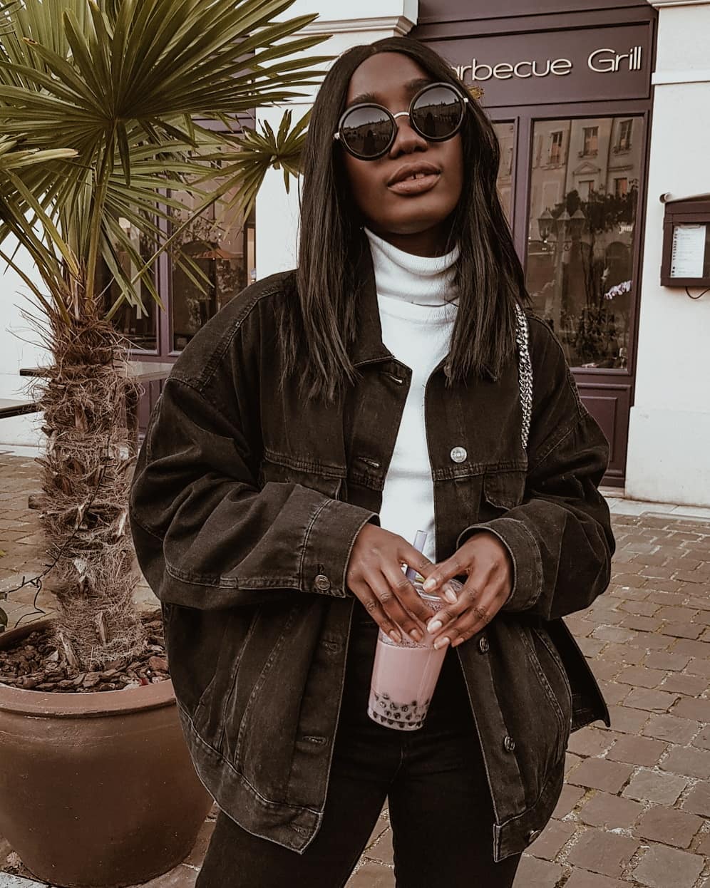 Black Denim Jacket Over Turtleneck — Trendy Denim Jacket Outfits