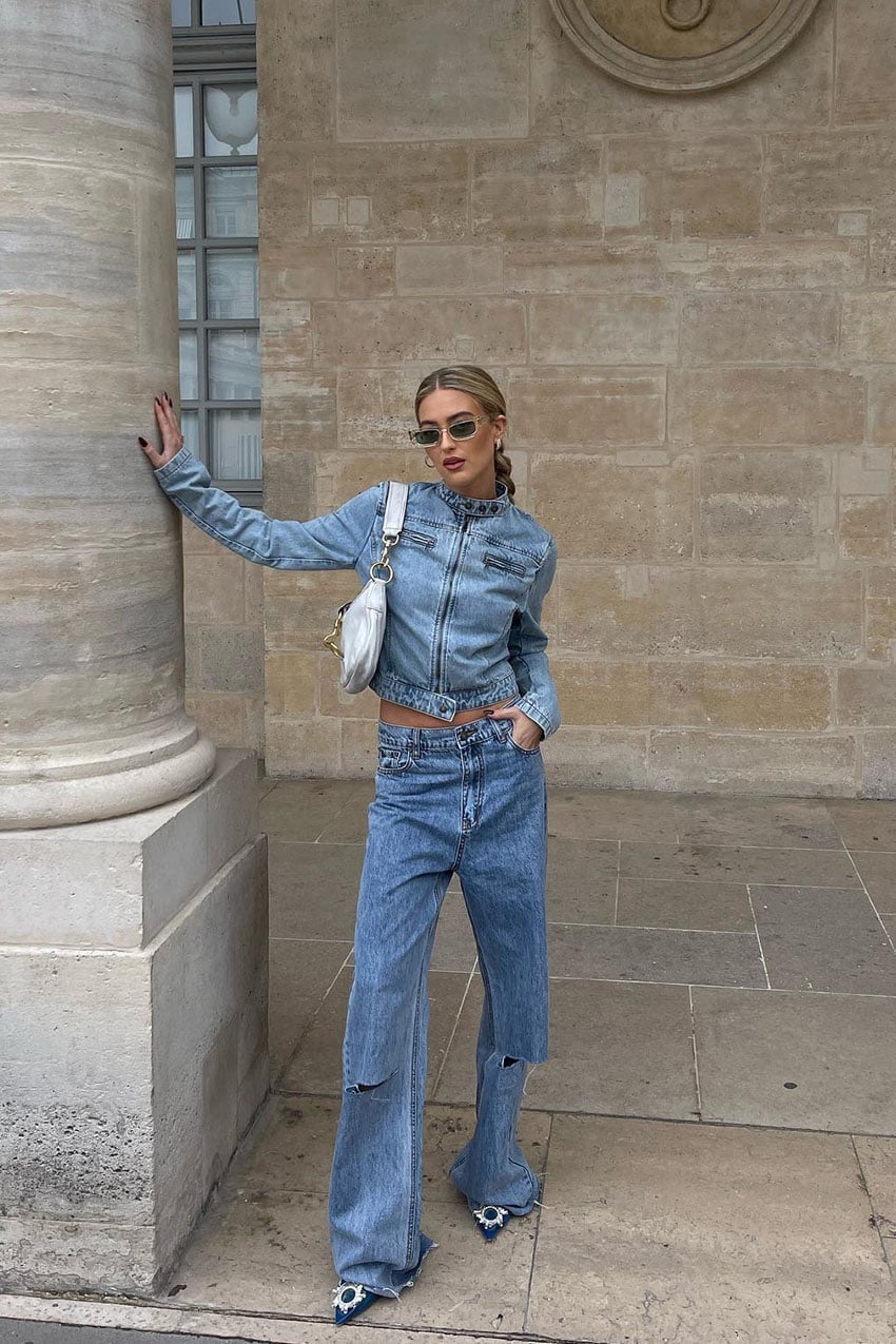 Denim Jacket With Distressed Wide Leg Jeans — Trendy Denim Jacket Outfits