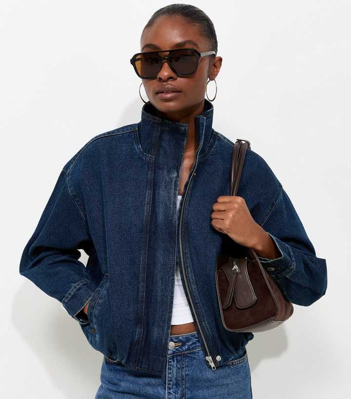 Funnel Neck Denim Jacket With Hoop Earrings — Trendy Denim Jacket Outfits