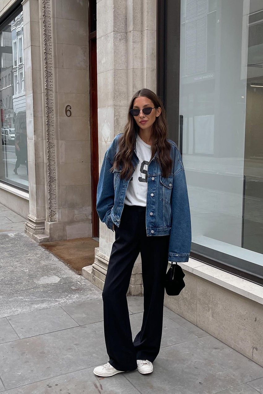Oversized Jacket With Graphic Tee and Wide Leg Pants — Trendy Denim Jacket Outfits