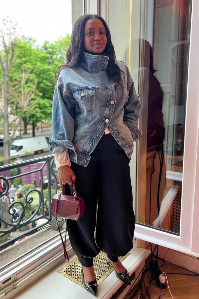 Oversized Jacket With Pink Top and Burgundy Bag — Trendy Denim Jacket Outfits