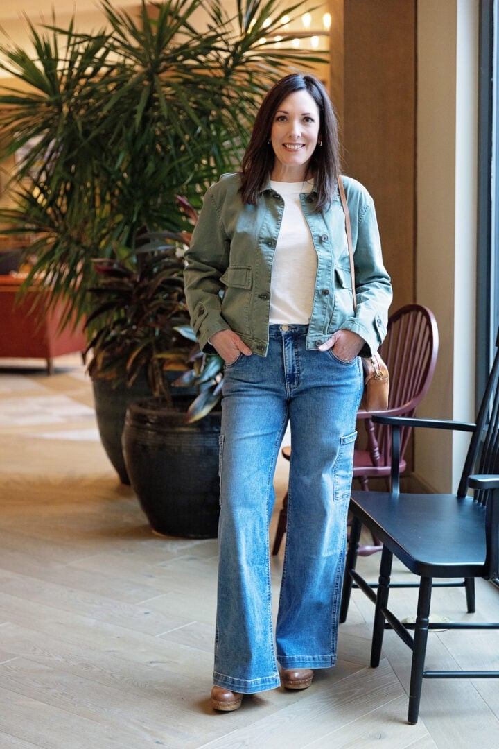 Green Utility Jacket Over White Tee — Trendy Denim Jacket Outfits