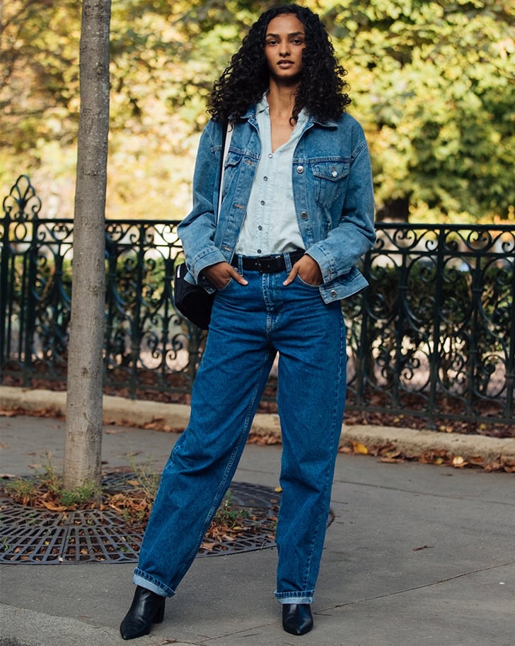 Oversized Jacket With Collared Shirt and Wide Leg Jeans — Trendy Denim Jacket Outfits