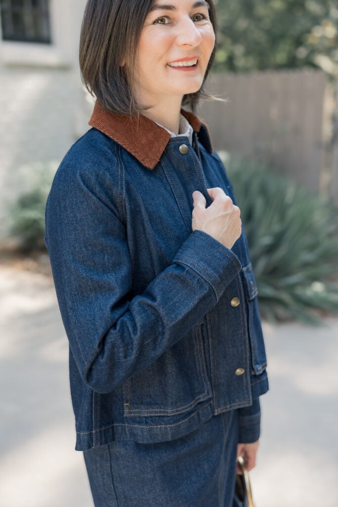 Denim Jacket With Corduroy Collar Detail — Trendy Denim Jacket Outfits