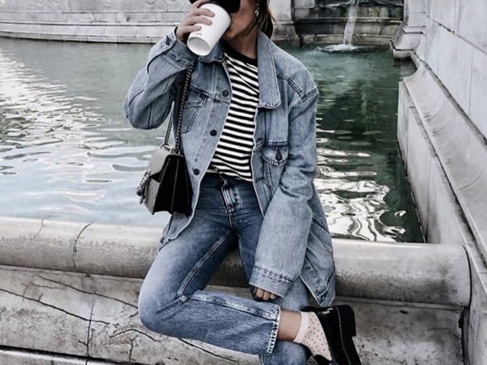 Oversized Jacket With Striped Tee and Black Shoes — Trendy Denim Jacket Outfits