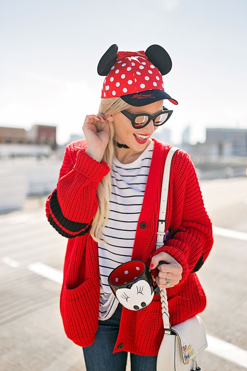 Red Cardigan Striped Tee Minnie Ears Hat Red Cardigan Striped Tee Minnie Ears Hat — Trendy Disney Outfits