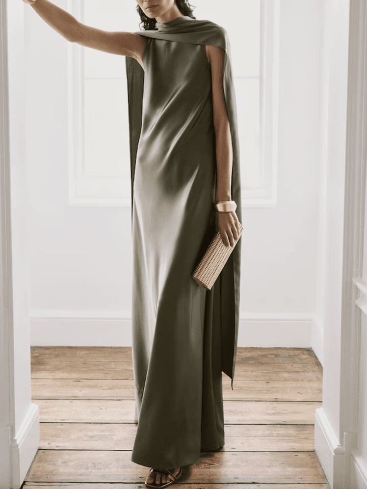 Olive Green Satin Maxi Dress with Cape Detail Olive Green Satin Maxi Dress with Cape Detail — Trendy Dress for Wedding Guest