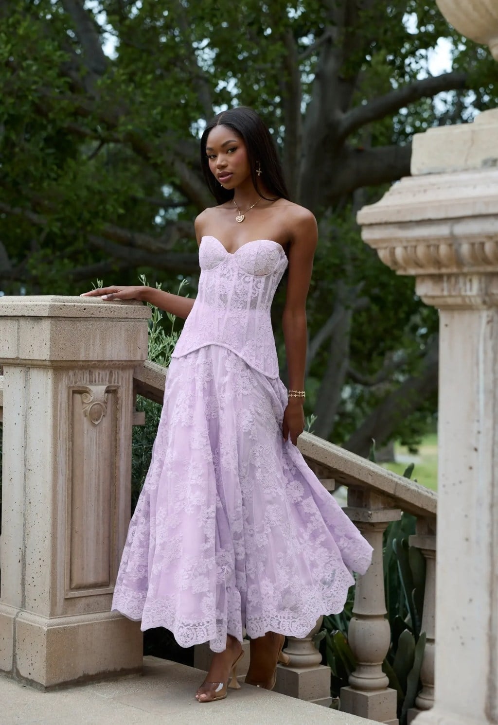Lavender Strapless Lace Corset Dress with Full Skirt Lavender Strapless Lace Corset Dress with Full Skirt — Trendy Dress for Wedding Guest