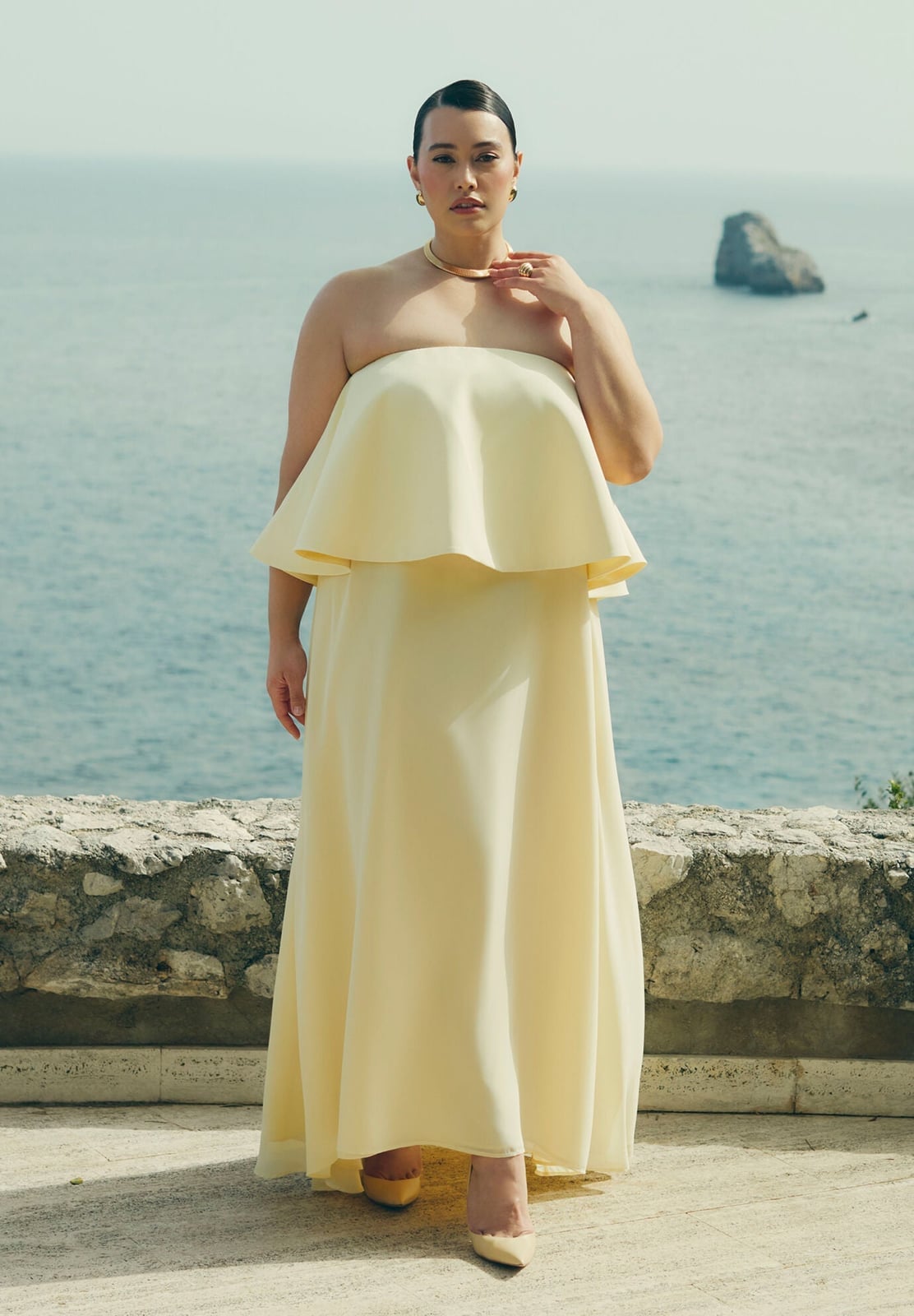 Pale Yellow Strapless Dress with Tiered Peplum Bodice Pale Yellow Strapless Dress with Tiered Peplum Bodice — Trendy Dress for Wedding Guest