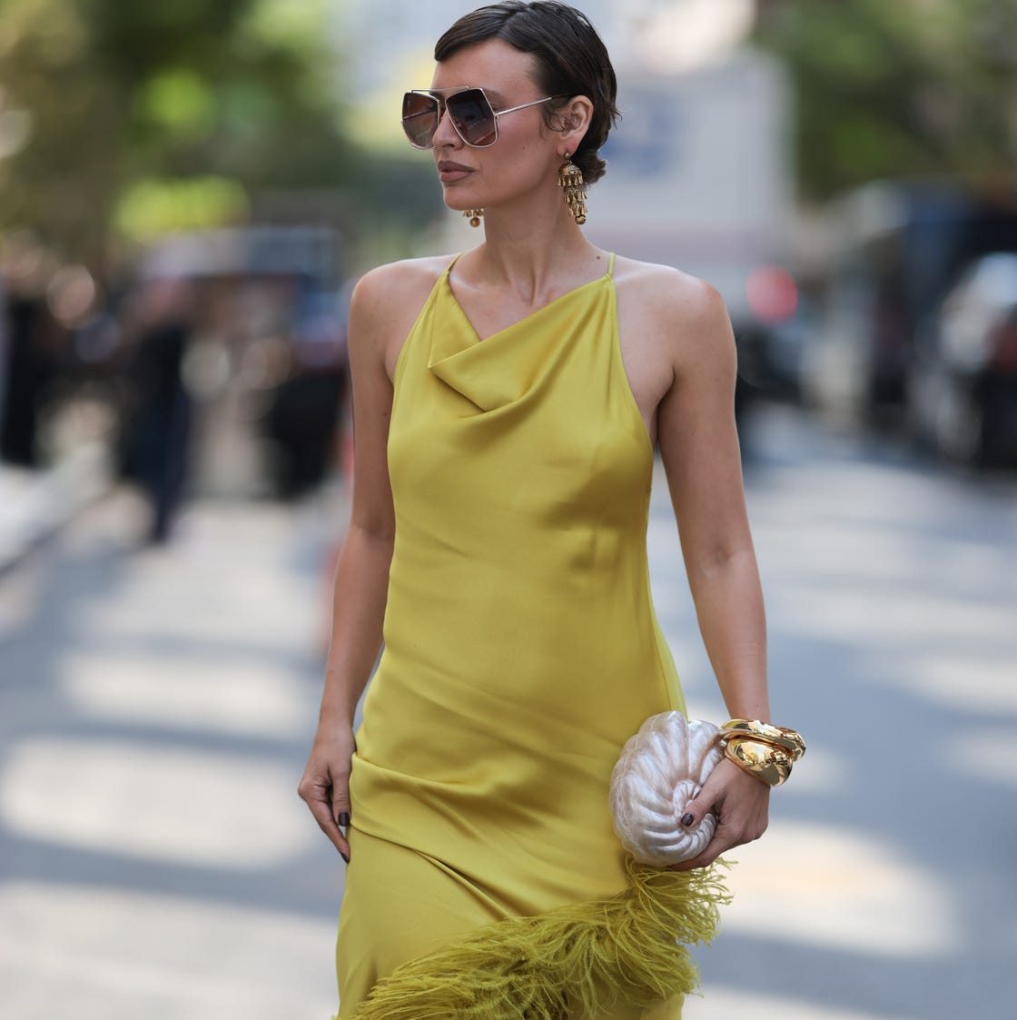 Yellow Satin Slip Dress with Feather Trim Hem Yellow Satin Slip Dress with Feather Trim Hem — Trendy Dress for Wedding Guest