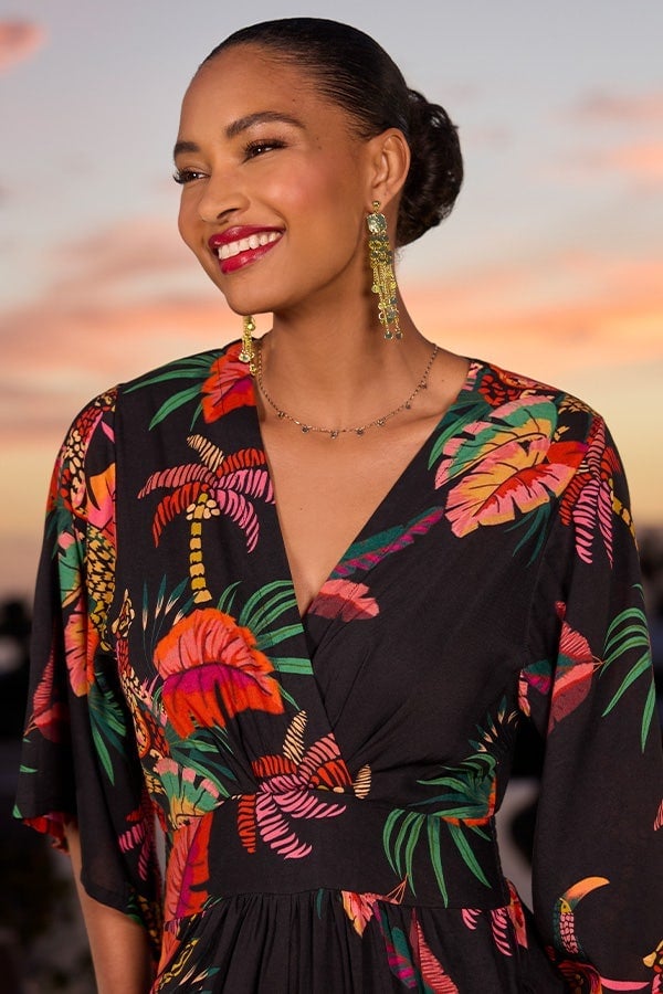 Black Wrap Dress with Tropical Print and Flutter Sleeves Black Wrap Dress with Tropical Print and Flutter Sleeves — Trendy Dress for Wedding Guest