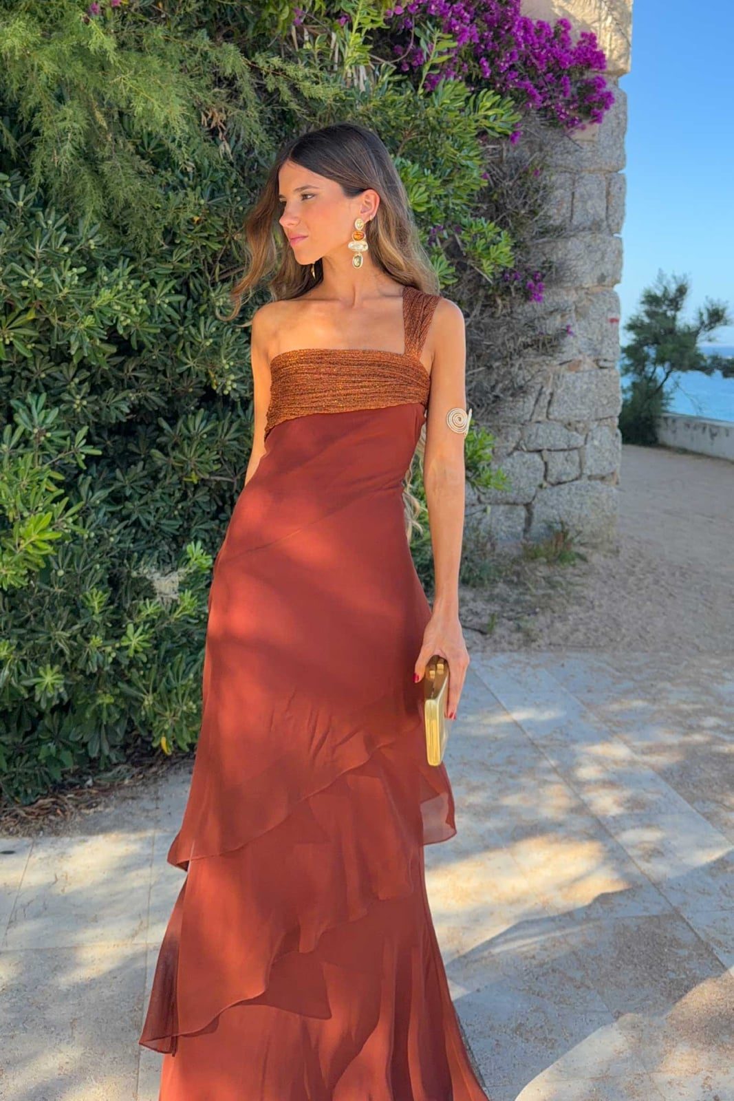 Rust Orange One-Shoulder Dress with Ruffled Tiers Rust Orange One-Shoulder Dress with Ruffled Tiers — Trendy Dress for Wedding Guest